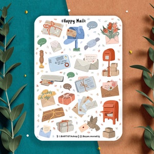 Hoja de pegatinas Happy Mail, pegatinas para planificadores, pegatinas para álbumes de recortes, pegatinas para diarios, pegatinas para correo, correo postal, pegatinas kawaii, bonito regalo