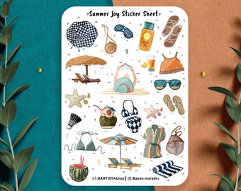 Sommarglädje-klistermärkesark, strandtidsklistermärken, planeringsklistermärken, dagboksklistermärken, scrapbookingklistermärken, semesterklistermärken, resor utomhus