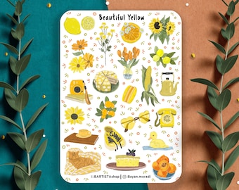 Beautiful Yellow sticker sheet, Planner stickers, Journal stickers, yellow colour themed stickers, Decorative autumn summer love stickers