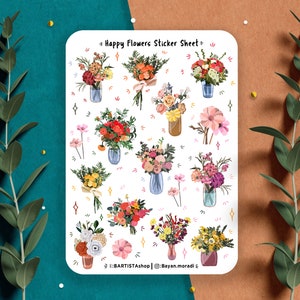 Feuille d'autocollants Happy Flowers, printemps, nature, autocollants de planificateur, autocollants de journal, autocollants floraux, autocollants de scrapbooking, autocollants de nature