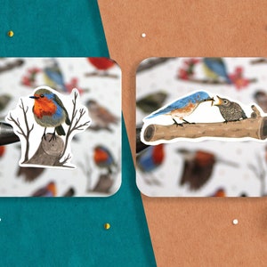 Puede incluir: Dos pegatinas de p&aacute;jaros ilustradas. La primera pegatina muestra un p&aacute;jaro azul posado en un toc&oacute;n de &aacute;rbol. La segunda pegatina muestra un p&aacute;jaro azul alimentando a un pajarito en una rama.