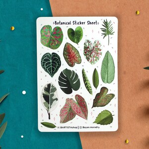 May include: A sheet of botanical stickers featuring various green and pink leaves. The stickers are on a white background with a white border. The text "Botanical Sticker Sheet" is at the top of the sheet. The text "@BARTISTAShop | @Sayan.moradi." is at the bottom of the sheet.