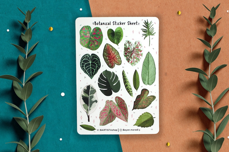 May include: A sheet of botanical stickers featuring various green and pink leaves. The stickers are on a white background with a white border. The text "Botanical Sticker Sheet" is at the top of the sheet. The text "@BARTISTAShop | @Sayan.moradi." is at the bottom of the sheet.