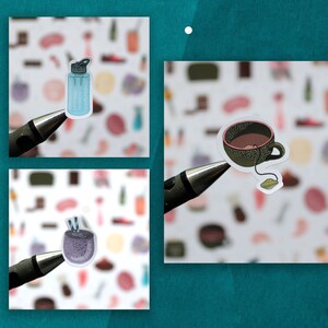 May include: Three stickers on a white background. The stickers are of a blue water bottle, a purple smoothie, and a brown teacup with a tea bag.
