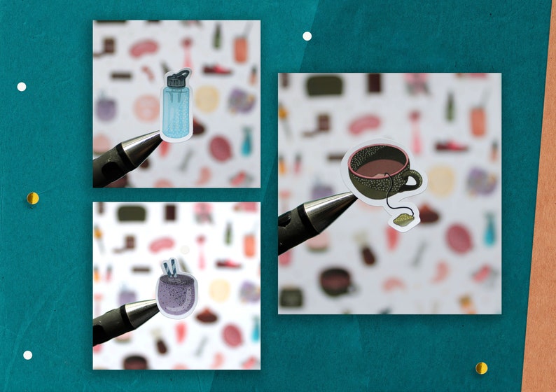 May include: Three stickers on a white background. The stickers are of a blue water bottle, a purple smoothie, and a brown teacup with a tea bag.
