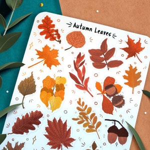 May include: A sheet of stickers featuring various autumn leaves in shades of orange, red, brown, and yellow. The stickers are on a white background and have a title that reads "Autumn Leaves".