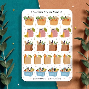 Hoja de pegatinas de comestibles, pegatinas de planificador, pegatinas de recados, pegatinas de tareas, pegatinas de comestibles, pegatinas de compras, pegatinas de planificador de alimentos