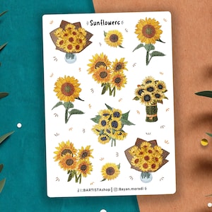Hoja de pegatinas de girasol, pegatinas de girasol, verano, pegatinas de planificador, pegatinas de diario, pegatinas de álbum de recortes, primavera, floral, pegatina de naturaleza