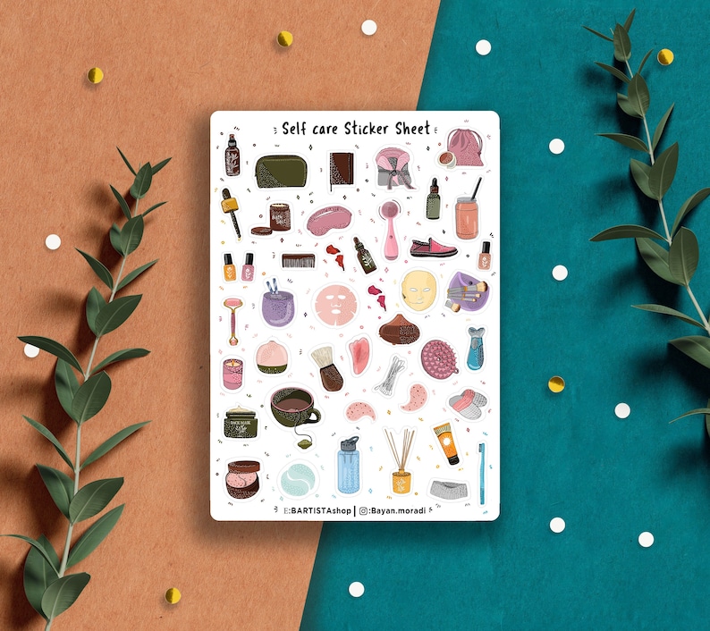 May include: A sticker sheet with illustrations of self-care items, including bath bombs, face masks, and essential oils. The sheet is white with a pink and blue color scheme. The text "Self care Sticker Sheet" is at the top of the sheet.
