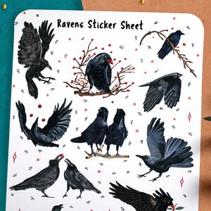 May include: A sticker sheet with a white background and nine black raven illustrations. The ravens are depicted in various poses, including flying, perched on branches, and looking at berries. The text "Ravens Sticker Sheet" is printed at the top of the sheet.
