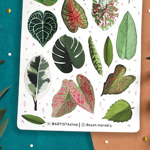 May include: A sheet of stickers featuring various green and pink tropical leaves. The stickers are on a white background with pink and white accents. The text '#BARTISTAShop | @Bayan.moradi' is at the bottom of the sheet.