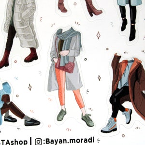 May include: A set of six illustrated stickers featuring different people wearing winter clothing. The stickers are on a white background with a few small white dots and diamond shapes. The stickers are all different sizes and shapes. The people are wearing a variety of winter clothing, including coats, scarves, hats, and boots. The stickers are perfect for adding a touch of personality to your planner, laptop, or water bottle.