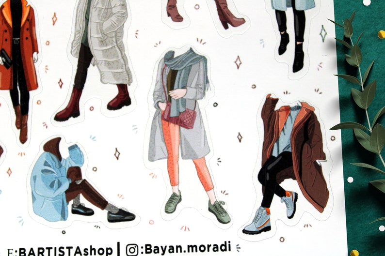 May include: A set of six illustrated stickers featuring different people wearing winter clothing. The stickers are on a white background with a few small white dots and diamond shapes. The stickers are all different sizes and shapes. The people are wearing a variety of winter clothing, including coats, scarves, hats, and boots. The stickers are perfect for adding a touch of personality to your planner, laptop, or water bottle.