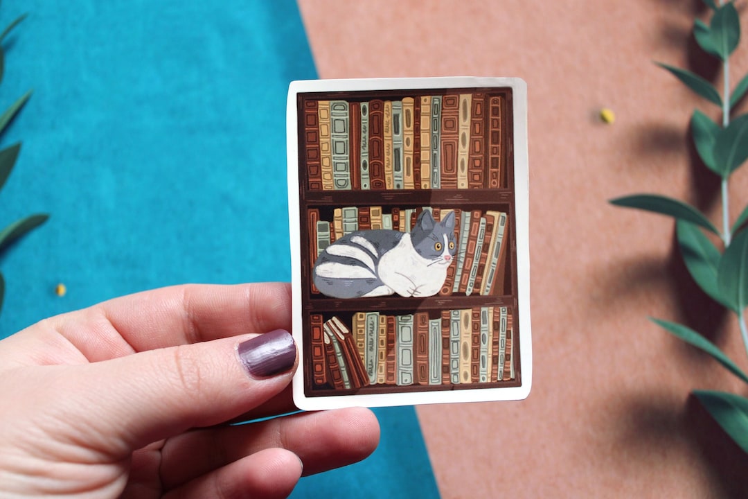Cat in the Library Vinyl Sticker , Cat Sticker , Book Sticker