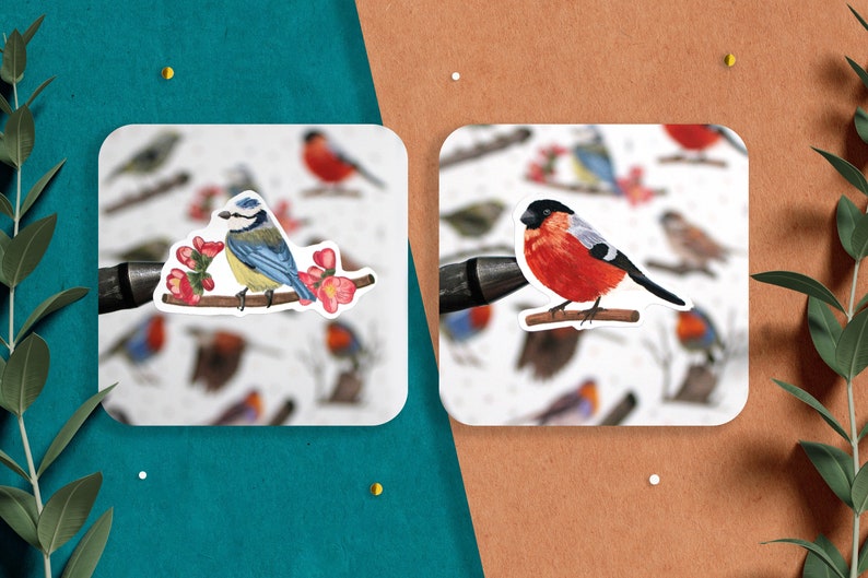 Puede incluir: Dos pegatinas con ilustraciones de p&aacute;jaros. La primera pegatina muestra un p&aacute;jaro azul posado en una rama con flores rosas. La segunda pegatina muestra un petirrojo posado en una rama.