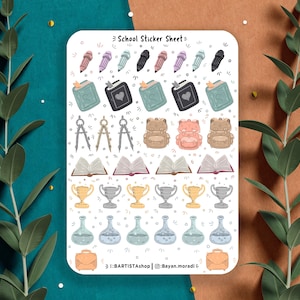 folha de adesivos escolares, adesivos de diário, calendário, adesivos de planejador, trabalho, universidade, ilustrações aconchegantes, ciências, matemática, escola, estudo, livro