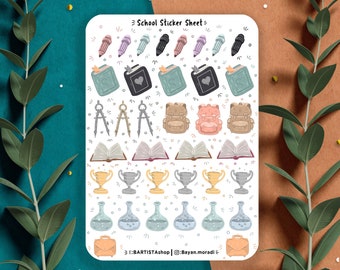 school sticker sheet, journal stickers, calendar, planner stickers, work, university, cozy illustrations, science, Math, school, study, book