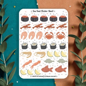 Adesivos de frutos do mar, adesivos de sushi, adesivos de comida, adesivos de cozinha, adesivos de planejador, adesivos de diário, adesivos de receitas, adesivos de culinária,