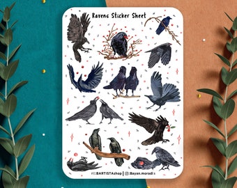 Raven sticker sheet, planner stickers, Crow stickers, nature stickers, Bird stickers, scrapbooking stickers, journal stickers, spring art