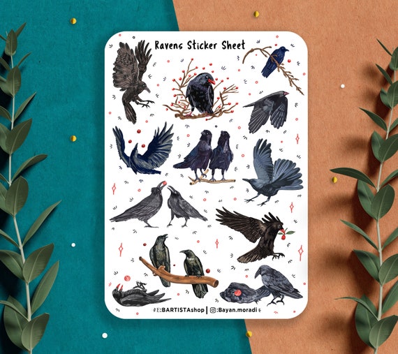 Raven sticker sheet, planner stickers, Crow stickers, nature stickers, Bird stickers, scrapbooking stickers, journal stickers, spring art