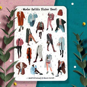 May include: A sticker sheet with 15 different winter outfit illustrations. The outfits are a mix of casual and formal styles, and include coats, sweaters, jeans, and dresses. The sticker sheet is white with a black border and the text "Winter Outfits Sticker Sheet" at the top.