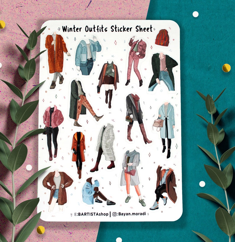 May include: A sticker sheet with 15 different winter outfit illustrations. The outfits are a mix of casual and formal styles, and include coats, sweaters, jeans, and dresses. The sticker sheet is white with a black border and the text "Winter Outfits Sticker Sheet" at the top.