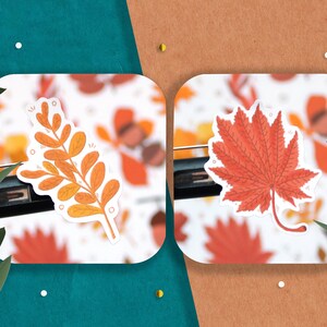 May include: Two autumn-themed stickers, one with a branch of orange and yellow leaves and the other with a red maple leaf.