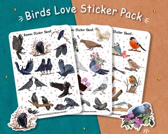 Birds Sticker Pack, Birds Love stickers, Journal stickers, Planner stickers, scrapbooking, Nature stickers, crow Raven pigeon, Birdwatching