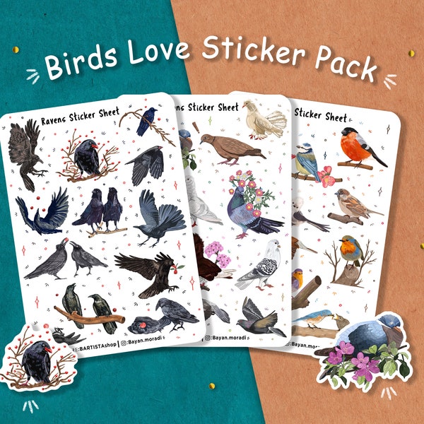 Birds Sticker Pack, Birds Love stickers, Journal stickers, Planner stickers, scrapbooking, Natuur stickers, kraai Raven duif, Birdwatching