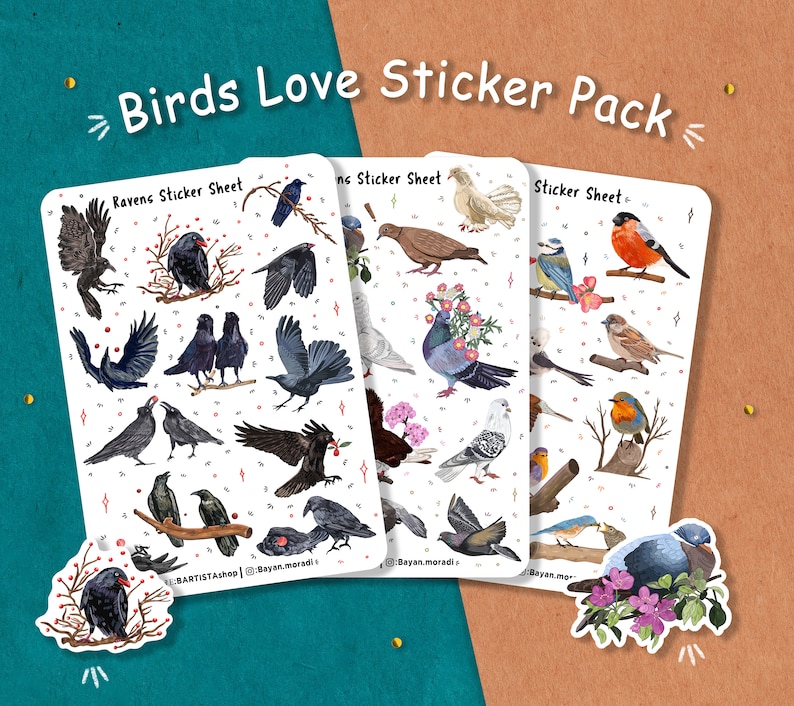 Birds Sticker Pack, Birds Love stickers, Journal stickers, Planner stickers, scrapbooking, Nature stickers, crow Raven pigeon, Birdwatching image 1