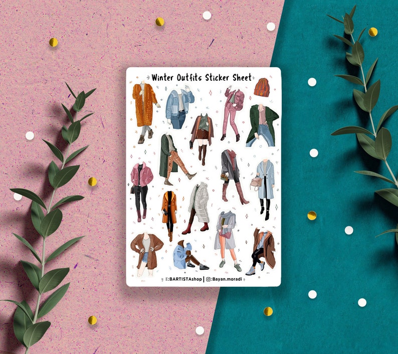 May include: A sticker sheet with 16 different winter outfit illustrations. The outfits are a mix of coats, sweaters, jeans, and hats. The sticker sheet is white with a black border and the text "Winter Outfits Sticker Sheet" at the top.
