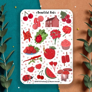 Hermosa hoja de pegatinas rojas, pegatinas de planificador, pegatinas de diario, pegatinas temáticas de color rojo, pegatinas decorativas, pegatinas de otoño de amor rojo