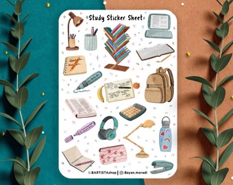 May include: A sticker sheet with a variety of illustrations related to studying, including a bookshelf, a laptop, a backpack, a pencil, a notebook, a highlighter, a water bottle, a lamp, and headphones. The sticker sheet is white with a black border and the text "Study Sticker Sheet" at the top.