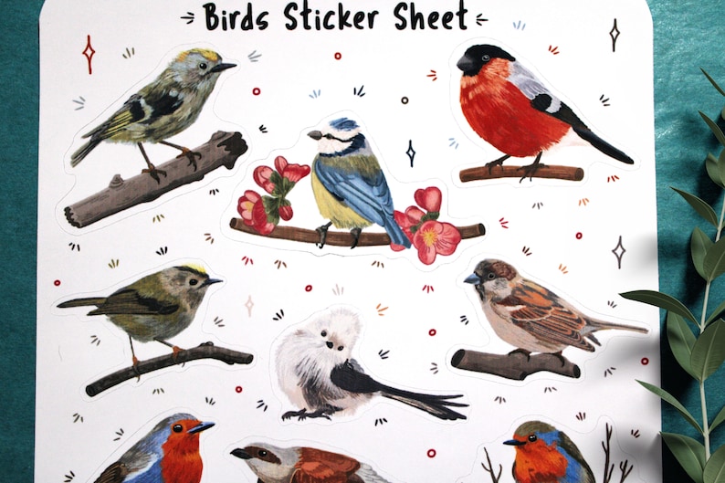 Puede incluir: Una hoja de pegatinas con diez ilustraciones de p&aacute;jaros coloridos. Los p&aacute;jaros est&aacute;n posados en ramas y rodeados de peque&ntilde;os puntos rojos, blancos y azules. La hoja se titula "Birds Sticker Sheet".