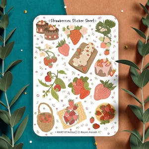 Foglio di adesivi per fragole, adesivi per pianificatore, adesivi per diario e album di ritagli, adesivo per frutta, adesivo per bacche, pianificatore estivo per fragole, natura