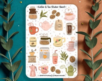 Coffee and Tea sticker sheet, journal stickers, calendar, planner stickers, cozy art, coffee, tea, beverage, self-care, illustration, cute