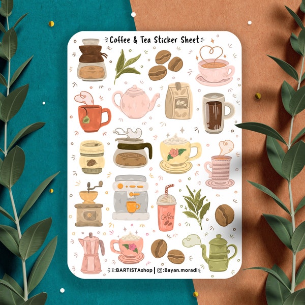 Coffee and Tea sticker sheet, journal stickers, calendar, planner stickers, cozy art, coffee, tea, beverage, self-care, illustration, cute