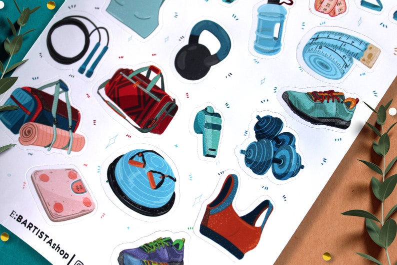 May include: A set of colorful fitness-themed stickers featuring items like a yoga mat, a water bottle, a kettlebell, a sports bra, dumbbells, and running shoes. The stickers are on a white background with a light blue outline.