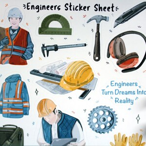 Może przedstawiać: Arkusz naklejek z ilustracjami inżyniera, narzędzi i kasku. Arkusz zawiera tekst "Engineers Turn Dreams Into Reality".