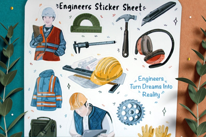 Może przedstawiać: Arkusz naklejek z ilustracjami inżyniera, narzędzi i kasku. Arkusz zawiera tekst "Engineers Turn Dreams Into Reality".
