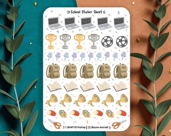 school sticker sheet, journal stickers, calendar, planner stickers, work, university, cozy illustrations, science, Math, school, study, book