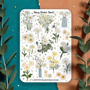 Feuille d'autocollants marguerite, autocollants pour agenda, fleurs de marguerite, autocollants floraux blancs, printemps, autocollants de journal, autocollants de scrapbooking, autocollant nature