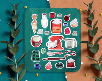 May include: A set of 18 colorful stickers featuring baking supplies, including a red stand mixer, a timer, a bag of flour, a measuring cup, a piping bag, and cupcake liners.