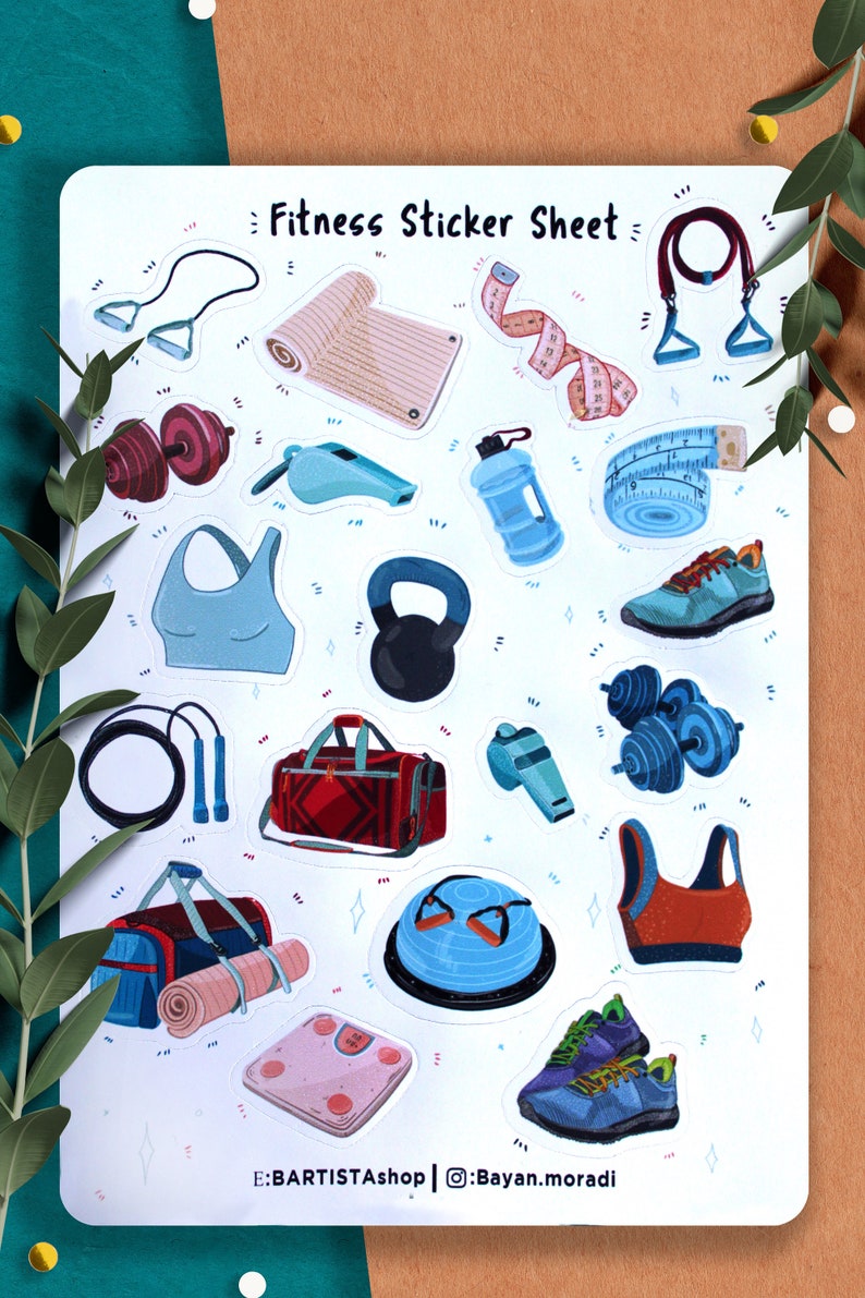 May include: A sheet of fitness-themed stickers featuring various workout equipment, apparel, and accessories. The stickers include a yoga mat, dumbbells, a jump rope, a kettlebell, a water bottle, a whistle, a scale, a resistance band, a sports bra, a gym bag, and running shoes. The stickers are on a white background with a light blue border.