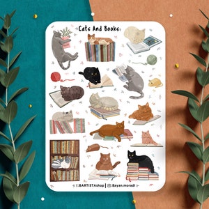 Feuille d'autocollants de chats et de livres, autocollants de journal, autocollants de planificateur, autocollants d'album, autocollant de lecture, autocollants de livre, autocollants de chat