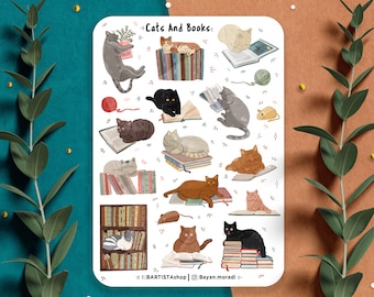 Katten en boeken stickervel, dagboekstickers, plannerstickers, plakboekstickers, leessticker, boekstickers, kattenstickers