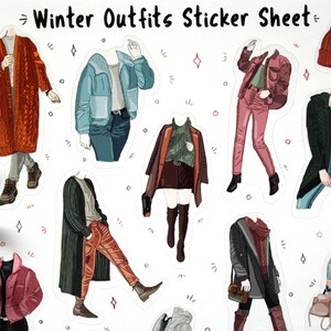 May include: A sticker sheet with illustrations of winter outfits. The sheet features 10 different outfits, including a red cardigan, a blue denim jacket, a green sweater, a pink jumpsuit, a black cardigan, a brown coat, a green cardigan, a black coat, a blue coat, and a red beanie.