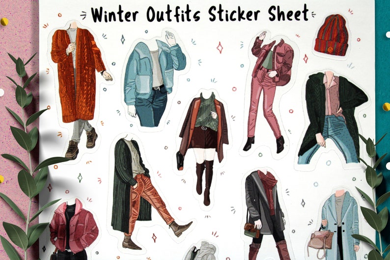 May include: A sticker sheet with illustrations of winter outfits. The sheet features 10 different outfits, including a red cardigan, a blue denim jacket, a green sweater, a pink jumpsuit, a black cardigan, a brown coat, a green cardigan, a black coat, a blue coat, and a red beanie.