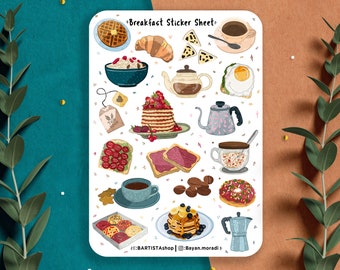 Breakfast Sticker sheet, Planner stickers, Food Stickers, Kitchen stickers, journal stickers, baking stickers, Tea stickers, coffee love