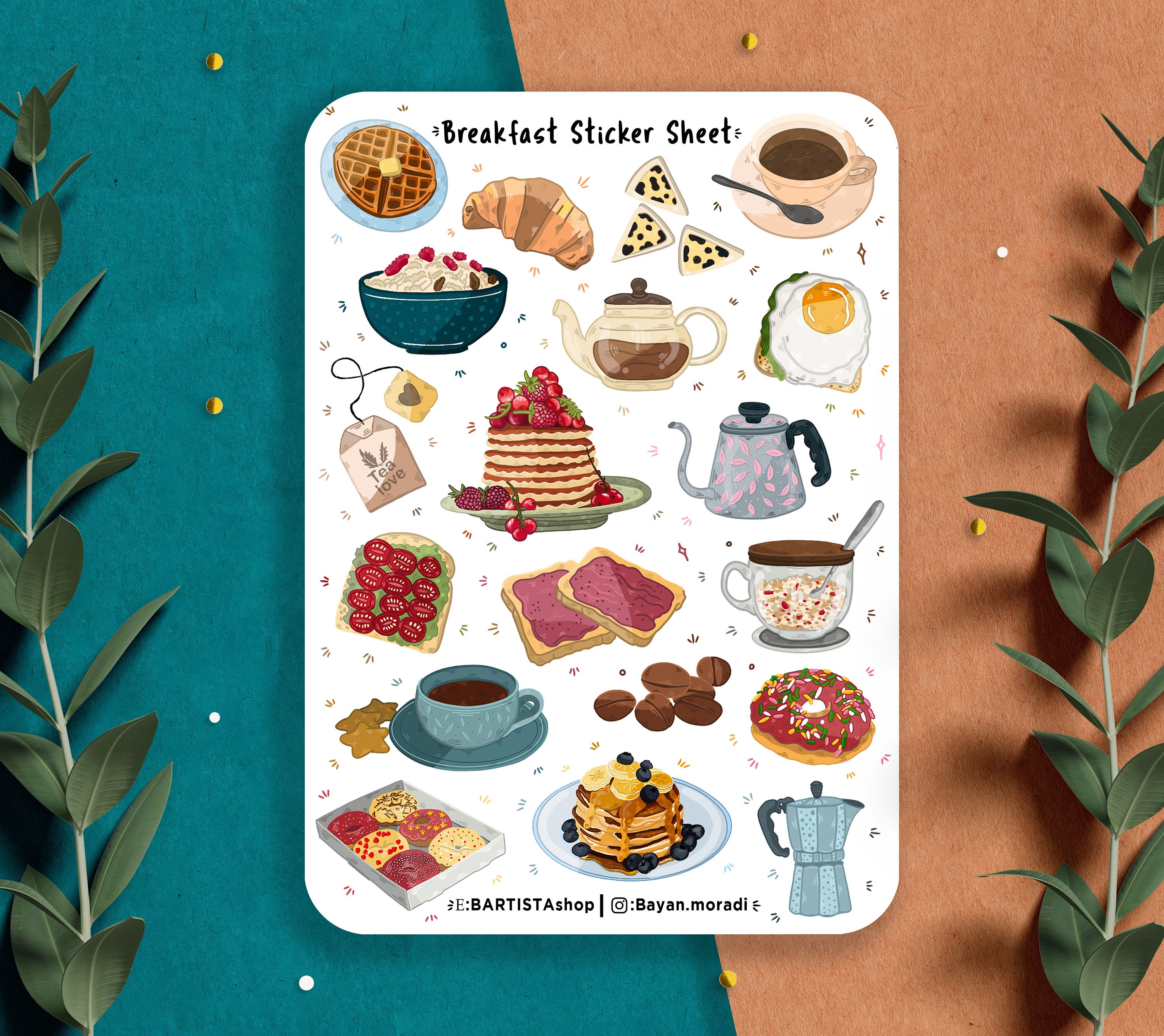 Breakfast Sticker sheet, Planner stickers, Food Stickers, Kitchen stickers, journal stickers, baking stickers, Tea stickers, coffee love